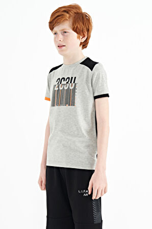 Gri Melanj Baskı Detaylı O Yaka Standart Kalıp Erkek Çocuk T-Shirt - 11157