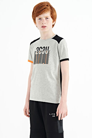 Gri Melanj Baskı Detaylı O Yaka Standart Kalıp Erkek Çocuk T-Shirt - 11157