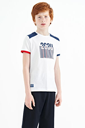 Beyaz Baskı Detaylı O Yaka Standart Kalıp Erkek Çocuk T-Shirt - 11157 | 12-13 Yaş