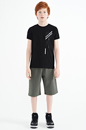 Siyah Baskı Detaylı O Yaka Standart Kalıp Erkek Çocuk T-Shirt - 11131 | 9-10 Yaş
