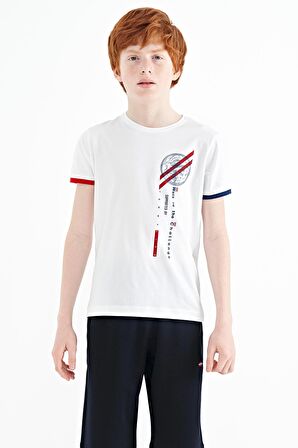 Beyaz Baskı Detaylı O Yaka Standart Kalıp Erkek Çocuk T-Shirt - 11131 | 10-11 Yaş