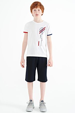Beyaz Baskı Detaylı O Yaka Standart Kalıp Erkek Çocuk T-Shirt - 11131 | 10-11 Yaş