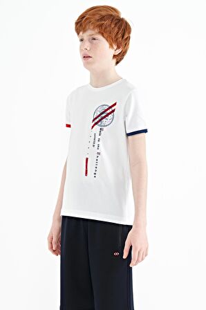 Beyaz Baskı Detaylı O Yaka Standart Kalıp Erkek Çocuk T-Shirt - 11131 | 10-11 Yaş
