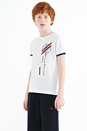 Beyaz Baskı Detaylı O Yaka Standart Kalıp Erkek Çocuk T-Shirt - 11131 | 10-11 Yaş