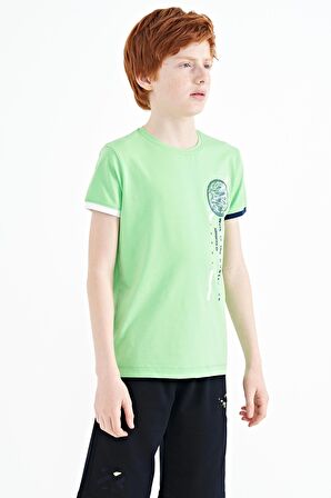 Neon Yeşil Baskı Detaylı O Yaka Standart Kalıp Erkek Çocuk T-Shirt - 11131 | 12-13 Yaş
