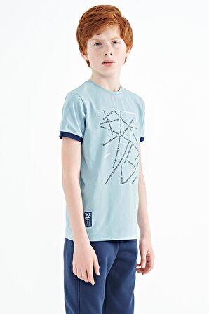 Açık Mavi Minimal Yazı Baskılı Standart Kalıp O Yaka Erkek Çocuk T-Shirt - 11132 | 10-11 Yaş