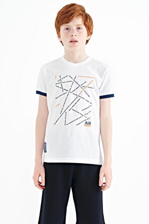 Beyaz Minimal Yazı Baskılı Standart Kalıp O Yaka Erkek Çocuk T-Shirt - 11132 | 9-10 Yaş