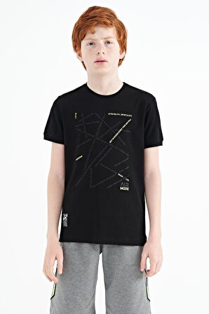 Siyah Minimal Yazı Baskılı Standart Kalıp O Yaka Erkek Çocuk T-Shirt - 11132 | 9-10 Yaş