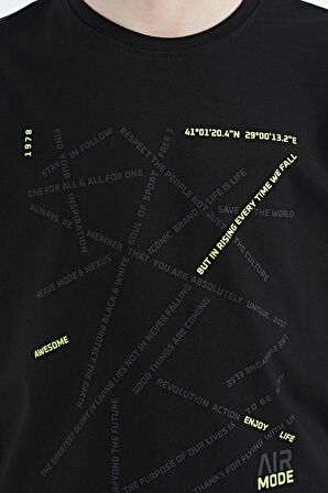 Siyah Minimal Yazı Baskılı Standart Kalıp O Yaka Erkek Çocuk T-Shirt - 11132 | 9-10 Yaş