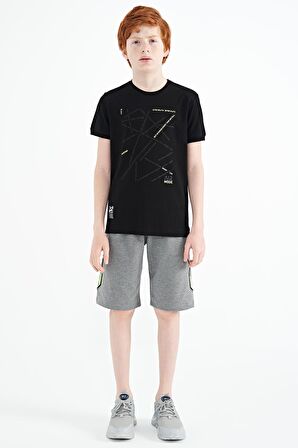 Siyah Minimal Yazı Baskılı Standart Kalıp O Yaka Erkek Çocuk T-Shirt - 11132 | 9-10 Yaş