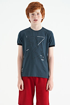 Orman Yeşili Minimal Yazı Baskılı Standart Kalıp O Yaka Erkek Çocuk T-Shirt - 11132 | 13-14 Yaş