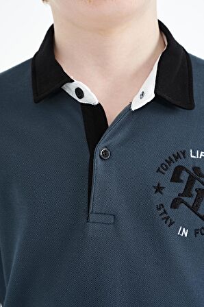 Orman Yeşili Kol Gögüs Nakış Detaylı Standart Kalıp Polo Yaka Erkek Çocuk T-Shirt - 11086 | 4-5 Yaş