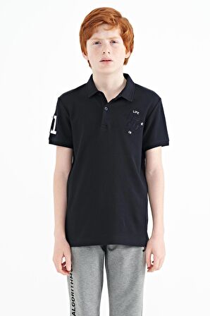 Lacivert Kol Gögüs Nakış Detaylı Standart Kalıp Polo Yaka Erkek Çocuk T-Shirt - 11086 | 11-12 Yaş