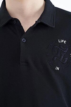 Lacivert Kol Gögüs Nakış Detaylı Standart Kalıp Polo Yaka Erkek Çocuk T-Shirt - 11086 | 11-12 Yaş