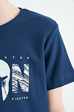 İndigo Ön Yazı Nakışlı O Yaka Standart Kalıp Erkek  Çocuk T-Shirt - 11118