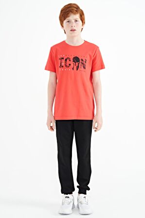 Coral Ön Yazı Nakışlı O Yaka Standart Kalıp Erkek  Çocuk T-Shirt - 11118 | 12-13 Yaş