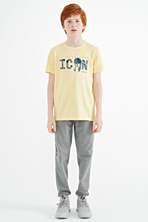 Sarı Ön Yazı Nakışlı O Yaka Standart Kalıp Erkek  Çocuk T-Shirt - 11118 | 10-11 Yaş