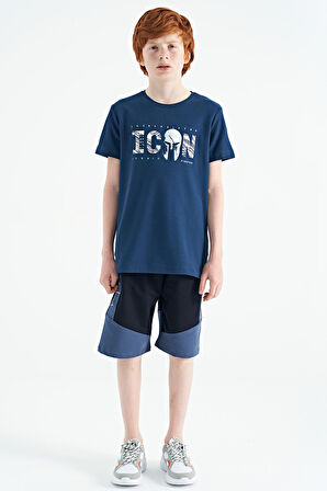 İndigo Ön Yazı Nakışlı O Yaka Standart Kalıp Erkek  Çocuk T-Shirt - 11118