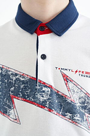 Beyaz Baskı Detaylı Standart Kalıp Polo Yaka Erkek Çocuk T-Shirt - 11154 | 12-13 Yaş