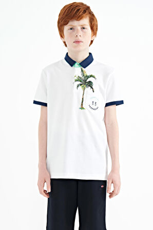 Beyaz Baskılı Cep Detaylı Standart Kalıp Polo Yaka Erkek Çocuk T-Shirt - 11144 | 11-12 Yaş