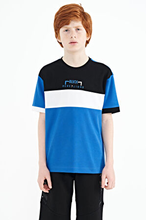Saks Renk Geçişli Nakışlı Oversize Erkek Çocuk T-Shirt - 11159 | 7-8 Yaş