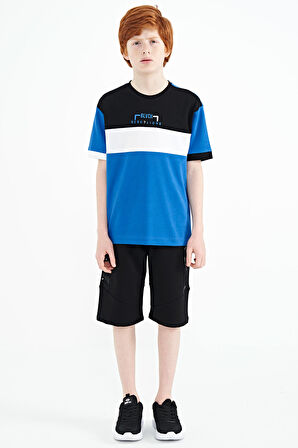 Saks Renk Geçişli Nakışlı Oversize Erkek Çocuk T-Shirt - 11159 | 7-8 Yaş