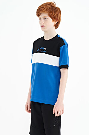 Saks Renk Geçişli Nakışlı Oversize Erkek Çocuk T-Shirt - 11159 | 7-8 Yaş
