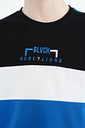 Saks Renk Geçişli Nakışlı Oversize Erkek Çocuk T-Shirt - 11159 | 7-8 Yaş