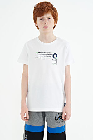 Beyaz Baskı Detaylı O Yaka Standart Kalıp Erkek Çocuk T-Shirt - 11145 | 9-10 Yaş