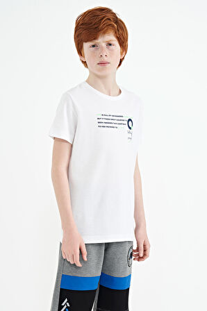 Beyaz Baskı Detaylı O Yaka Standart Kalıp Erkek Çocuk T-Shirt - 11145 | 9-10 Yaş