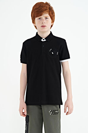Siyah Kol Ucu Renkli Logo Nakışlı Standart Kalıp Polo Yaka Erkek Çocuk T-Shirt - 11138 | 7-8 Yaş