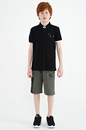 Siyah Kol Ucu Renkli Logo Nakışlı Standart Kalıp Polo Yaka Erkek Çocuk T-Shirt - 11138 | 7-8 Yaş