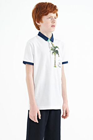 Beyaz Baskılı Cep Detaylı Standart Kalıp Polo Yaka Erkek Çocuk T-Shirt - 11144 | 10-11 Yaş
