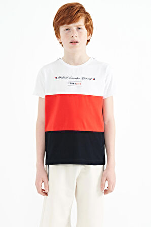 Lacivert Renk Bloklu O Yaka Baskı Detaylı Standart Kalıp Erkek Çocuk T-Shirt - 11135 | 12-13 Yaş