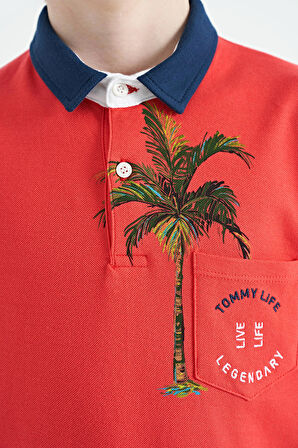 Coral Baskılı Cep Detaylı Standart Kalıp Polo Yaka Erkek Çocuk T-Shirt - 11144 | 13-14 Yaş