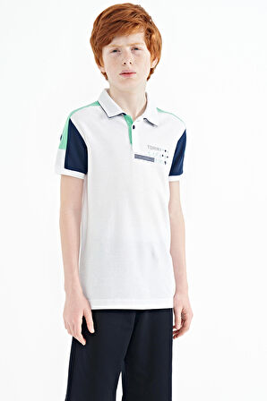 Beyaz Renk Bloklu Omuz Garni Detaylı Standart Kalıp Erkek Çocuk T-Shirt - 11155 | 14-15 Yaş