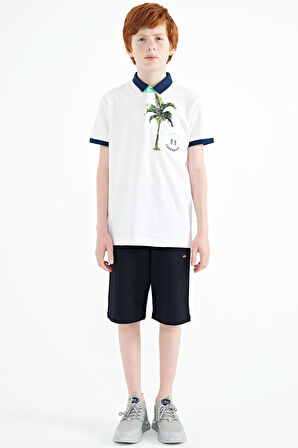 Beyaz Baskılı Cep Detaylı Standart Kalıp Polo Yaka Erkek Çocuk T-Shirt - 11144 | 8-9 Yaş