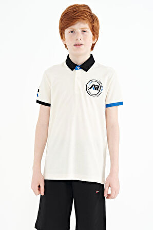 Ekru Kol Ucu Renkli Logo Nakışlı Standart Kalıp Polo Yaka Erkek Çocuk T-Shirt - 11138 | 4-5 Yaş
