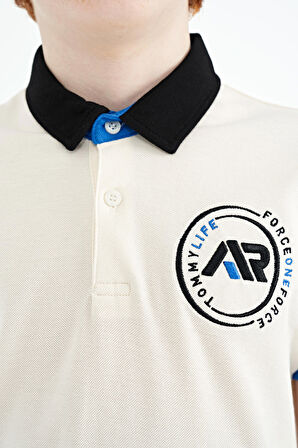 Ekru Kol Ucu Renkli Logo Nakışlı Standart Kalıp Polo Yaka Erkek Çocuk T-Shirt - 11138 | 4-5 Yaş