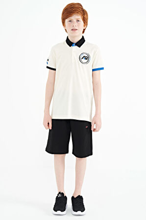 Ekru Kol Ucu Renkli Logo Nakışlı Standart Kalıp Polo Yaka Erkek Çocuk T-Shirt - 11138 | 4-5 Yaş