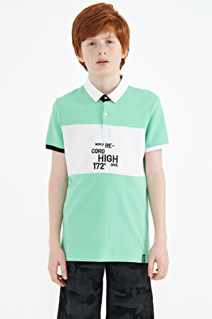 Su Yeşili Renk Geçişli Nakış Detaylı Standart Kalıp Polo Yaka Erkek Çocuk T-Shirt - 11110 | 9-10 Yaş