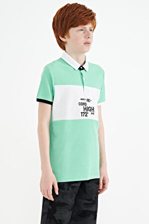 Su Yeşili Renk Geçişli Nakış Detaylı Standart Kalıp Polo Yaka Erkek Çocuk T-Shirt - 11110 | 9-10 Yaş