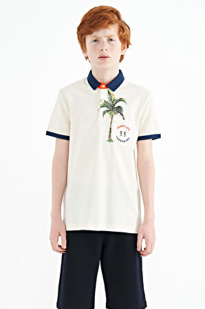 Ekru Baskılı Cep Detaylı Standart Kalıp Polo Yaka Erkek Çocuk T-Shirt - 11144 | 8-9 Yaş