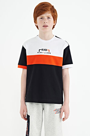 Lacivert Renk Geçişli Nakışlı Oversize Erkek Çocuk T-Shirt - 11159 | 10-11 Yaş