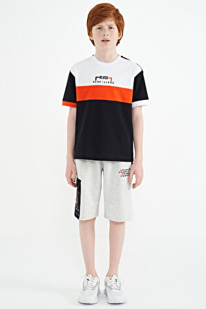 Lacivert Renk Geçişli Nakışlı Oversize Erkek Çocuk T-Shirt - 11159 | 10-11 Yaş