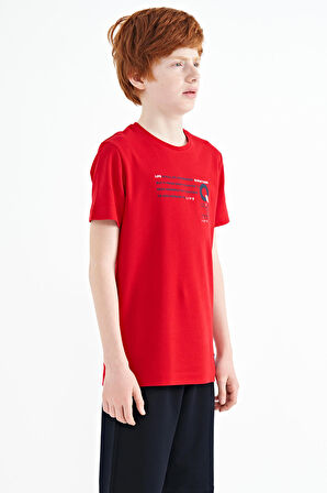 Kırmızı Baskı Detaylı O Yaka Standart Kalıp Erkek Çocuk T-Shirt - 11145 | 10-11 Yaş