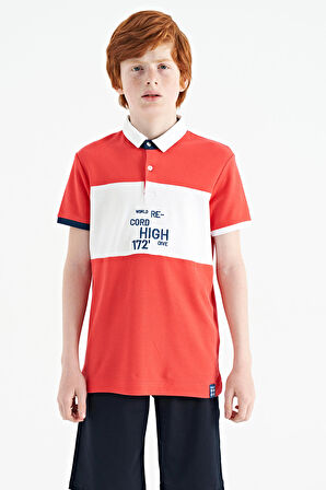 Coral Renk Geçişli Nakış Detaylı Standart Kalıp Polo Yaka Erkek Çocuk T-Shirt - 11110 | 10-11 Yaş