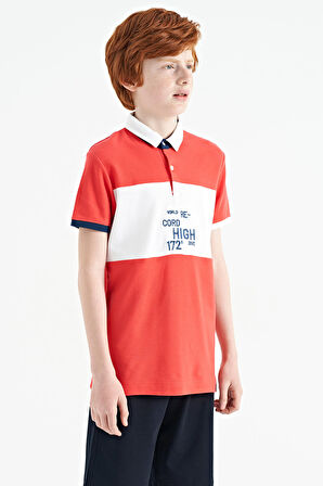 Coral Renk Geçişli Nakış Detaylı Standart Kalıp Polo Yaka Erkek Çocuk T-Shirt - 11110 | 10-11 Yaş