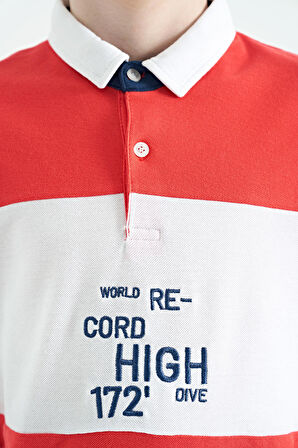 Coral Renk Geçişli Nakış Detaylı Standart Kalıp Polo Yaka Erkek Çocuk T-Shirt - 11110 | 10-11 Yaş