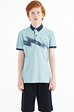 Açık Mavi Baskı Detaylı Standart Kalıp Polo Yaka Erkek Çocuk T-Shirt - 11154 | 8-9 Yaş
